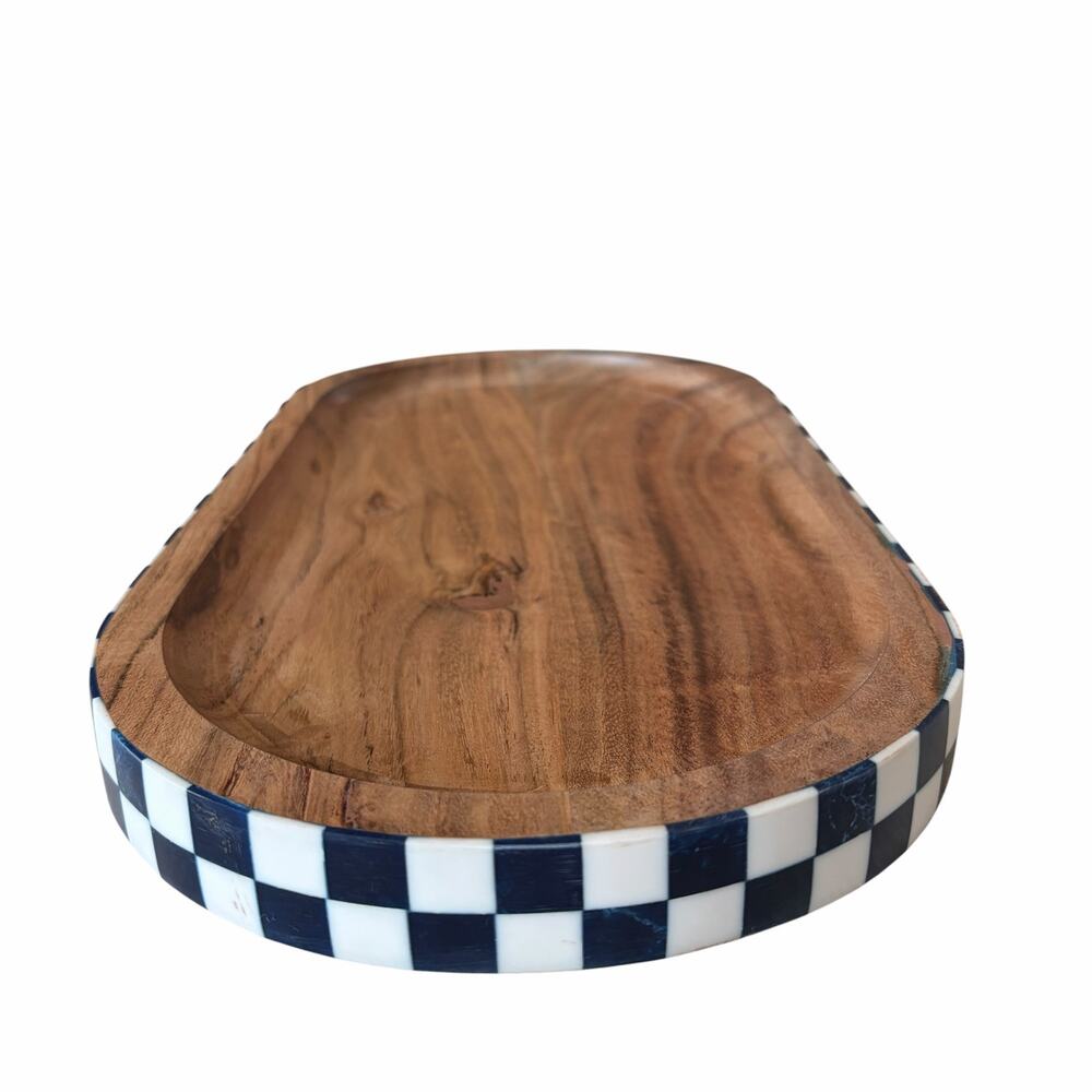 Blue & White Checkered Enameled Mango Wood Serving Tray 14x7 Made In India NEW - Picture 6 of 15